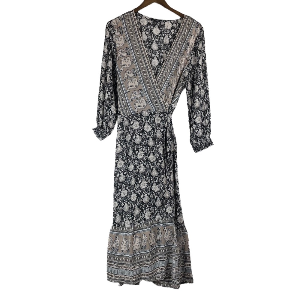 Lucky Brand Black & Beige Paisley Floral Border Print Wrap Dress Size Large - Picture 3 of 9